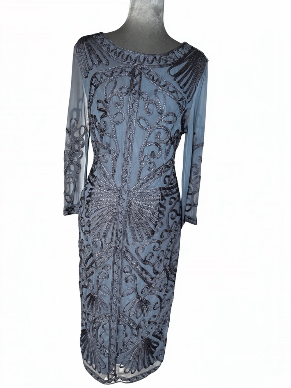 JS Collections Navy Soutache Embroidered Mesh Sheath Dress NWT Size 10
